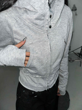 Frayed Distressed Crop Wire Zip-up Hoodie