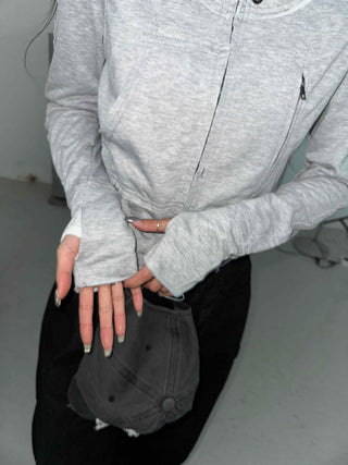 Frayed Distressed Crop Wire Zip-up Hoodie