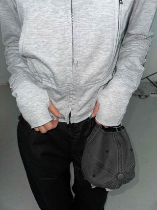 Frayed Distressed Crop Wire Zip-up Hoodie