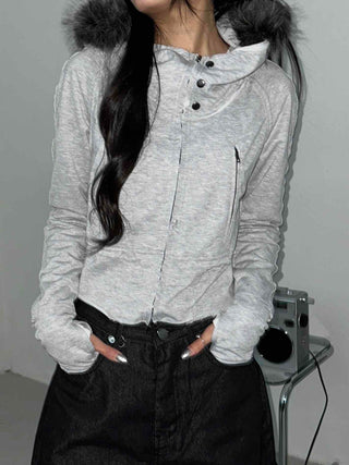 Frayed Distressed Crop Wire Zip-up Hoodie