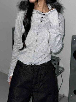 Frayed Distressed Crop Wire Zip-up Hoodie