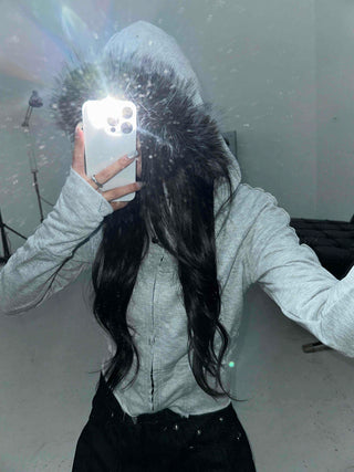 Frayed Distressed Crop Wire Zip-up Hoodie
