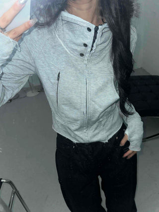 Frayed Distressed Crop Wire Zip-up Hoodie