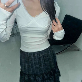 Quilted Padded Off-Shoulder Wrap Ribbed Long Sleeve T-Shirt