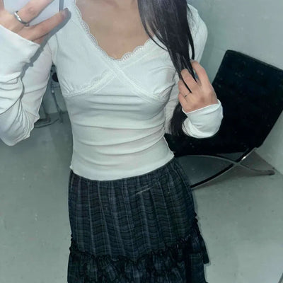 Quilted Padded Off-Shoulder Wrap Ribbed Long Sleeve T-Shirt