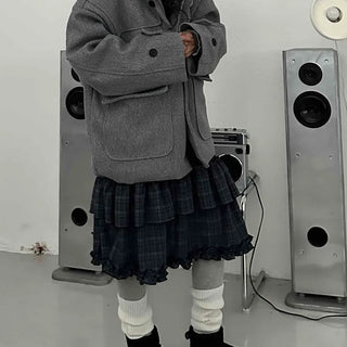 Big Flap Pocket Hooded Loose Fit Short Wool Coat