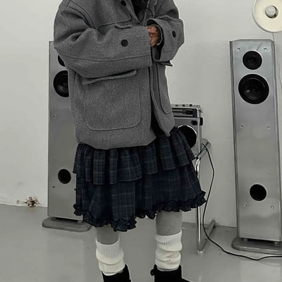 Big Flap Pocket Hooded Loose Fit Short Wool Coat