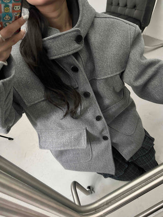 Big Flap Pocket Hooded Loose Fit Short Wool Coat