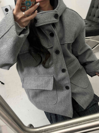 Big Flap Pocket Hooded Loose Fit Short Wool Coat