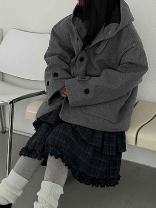 Big Flap Pocket Hooded Loose Fit Short Wool Coat