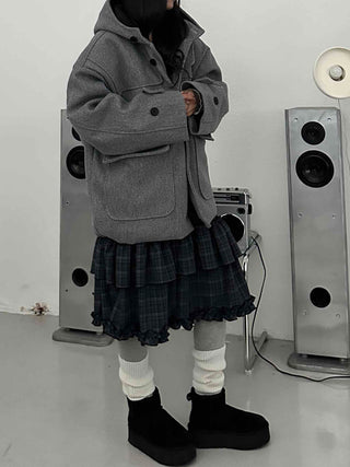 Big Flap Pocket Hooded Loose Fit Short Wool Coat
