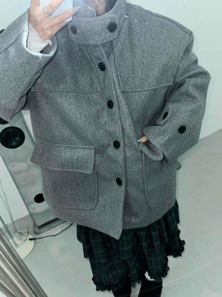 Big Flap Pocket Hooded Loose Fit Short Wool Coat