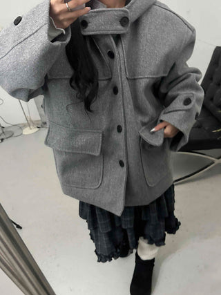 Big Flap Pocket Hooded Loose Fit Short Wool Coat