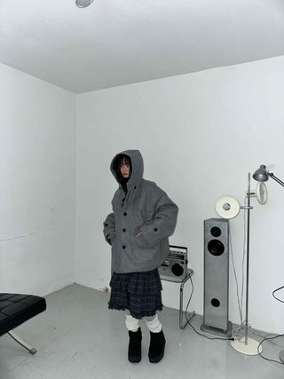 Big Flap Pocket Hooded Loose Fit Short Wool Coat