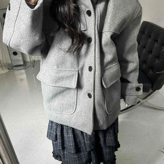 Big Flap Pocket Hooded Loose Fit Short Wool Coat