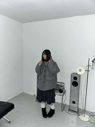 Big Flap Pocket Hooded Loose Fit Short Wool Coat
