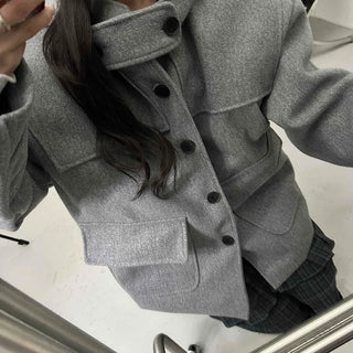 Big Flap Pocket Hooded Loose Fit Short Wool Coat