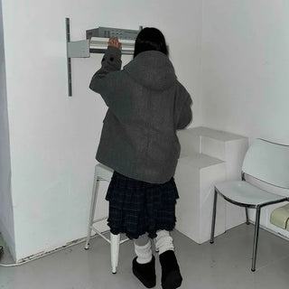Big Flap Pocket Hooded Loose Fit Short Wool Coat