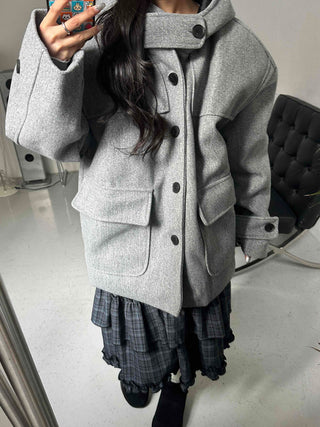 Big Flap Pocket Hooded Loose Fit Short Wool Coat