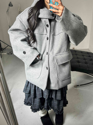 Big Flap Pocket Hooded Loose Fit Short Wool Coat