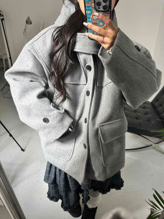 Big Flap Pocket Hooded Loose Fit Short Wool Coat