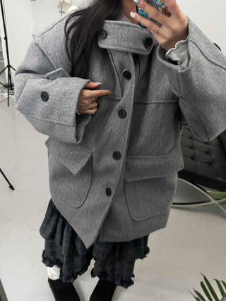 Big Flap Pocket Hooded Loose Fit Short Wool Coat