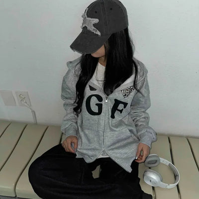 GF Lettering Oversized Hoodie Long Zip-up