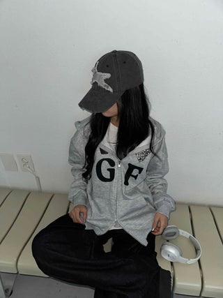 GF Lettering Oversized Hoodie Long Zip-up