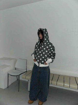 Washed Tab Star Print Drop Shoulder Zip-Up Hoodie