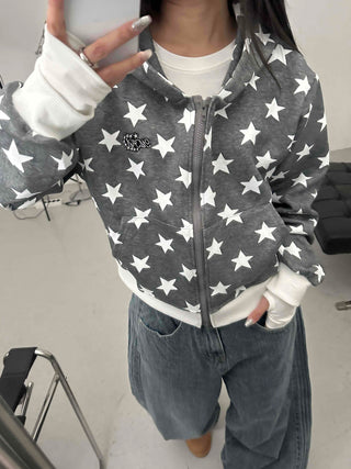 Washed Tab Star Print Drop Shoulder Zip-Up Hoodie
