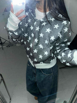 Washed Tab Star Print Drop Shoulder Zip-Up Hoodie