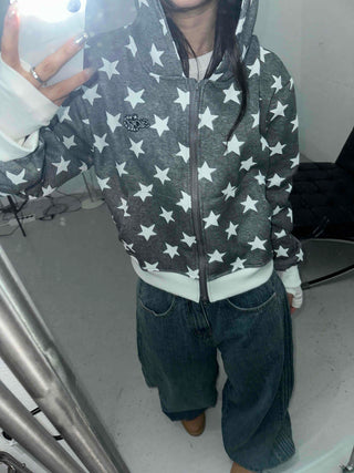 Washed Tab Star Print Drop Shoulder Zip-Up Hoodie