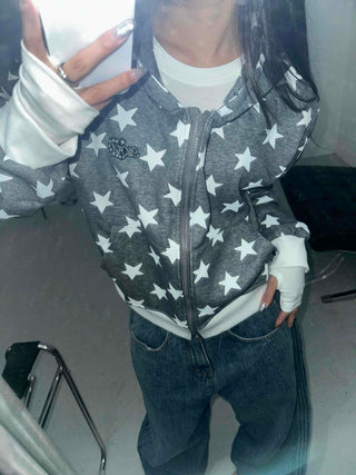 Washed Tab Star Print Drop Shoulder Zip-Up Hoodie