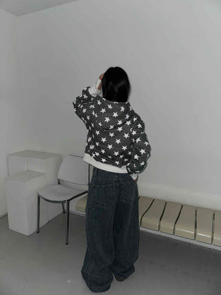 Washed Tab Star Print Drop Shoulder Zip-Up Hoodie