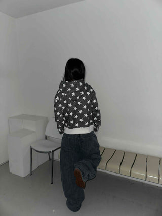 Washed Tab Star Print Drop Shoulder Zip-Up Hoodie