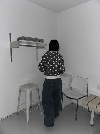 Washed Tab Star Print Drop Shoulder Zip-Up Hoodie