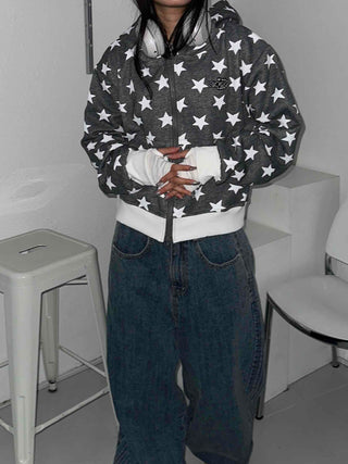 Washed Tab Star Print Drop Shoulder Zip-Up Hoodie