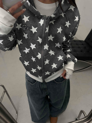 Washed Tab Star Print Drop Shoulder Zip-Up Hoodie