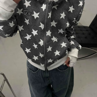 Washed Tab Star Print Drop Shoulder Zip-Up Hoodie
