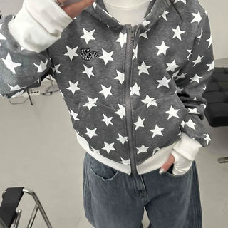 Washed Tab Star Print Drop Shoulder Zip-Up Hoodie