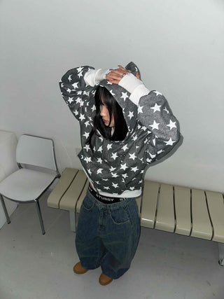 Washed Tab Star Print Drop Shoulder Zip-Up Hoodie
