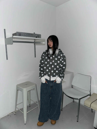 Washed Tab Star Print Drop Shoulder Zip-Up Hoodie