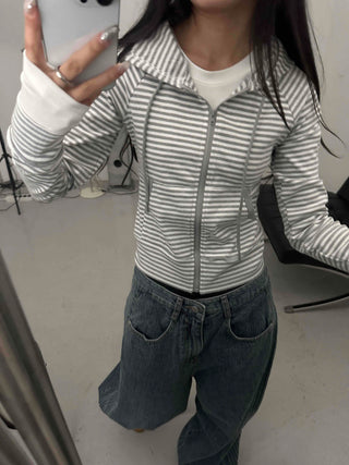Double Zipper Border Hoodie Slim Crop Zip-up