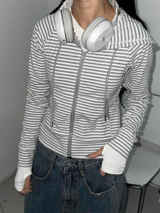 Double Zipper Border Hoodie Slim Crop Zip-up