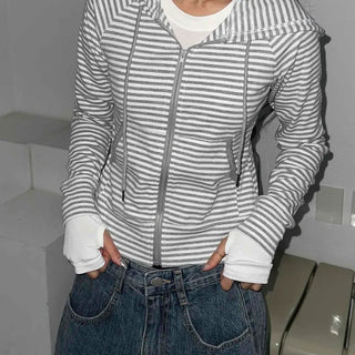 Double Zipper Border Hoodie Slim Crop Zip-up