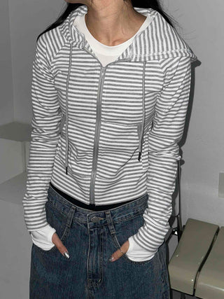 Double Zipper Border Hoodie Slim Crop Zip-up
