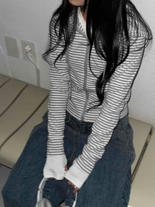 Double Zipper Border Hoodie Slim Crop Zip-up