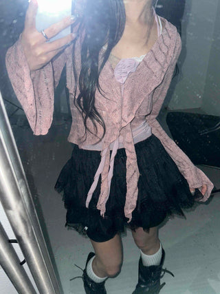 Romantic Frill See-through Layered Knit Cardigan