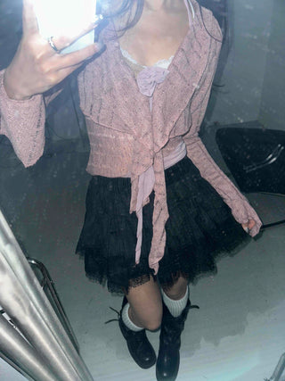Romantic Frill See-through Layered Knit Cardigan