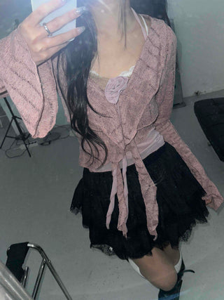 Romantic Frill See-through Layered Knit Cardigan